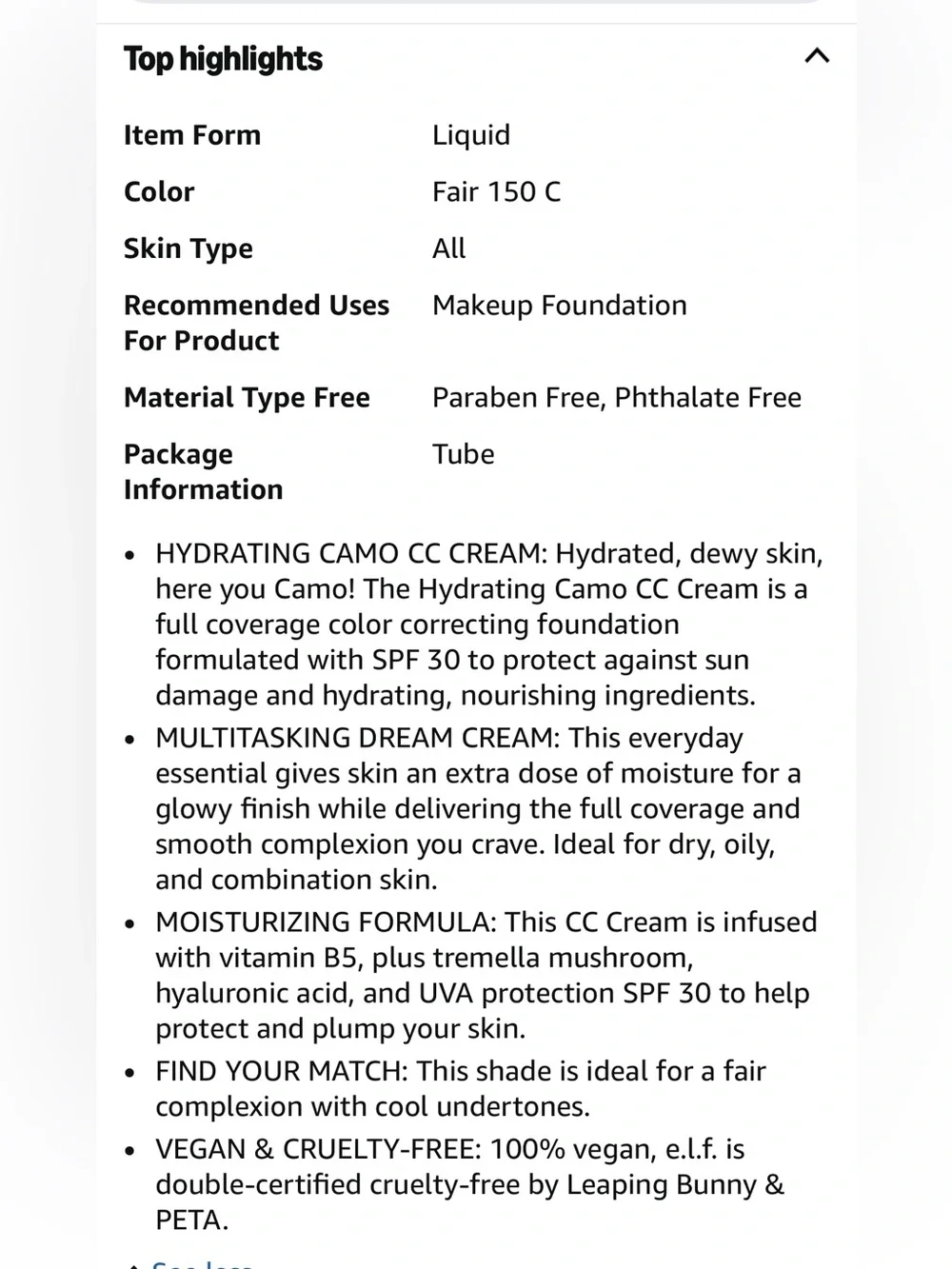 e.l.f CAMO Hydrating CC crème Semi Matte Finish Fair # 150 cream